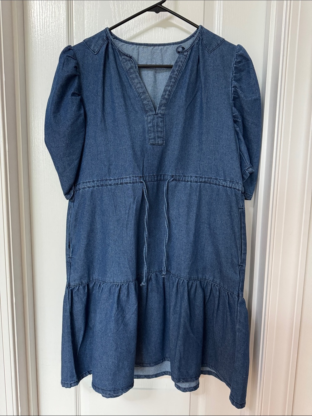 Denim V-Neck Tiered Dress - Classic Blue